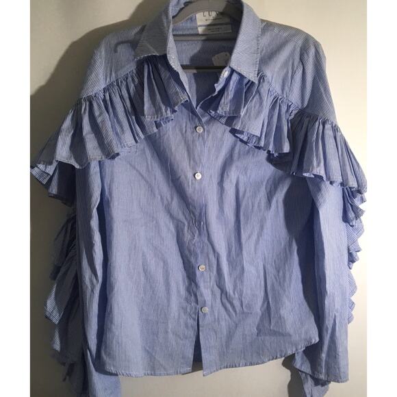 Luxe by Style Keepers Women's Size Medium Light Blue Striped Ruffle Button Down - Picture 1 of 6
